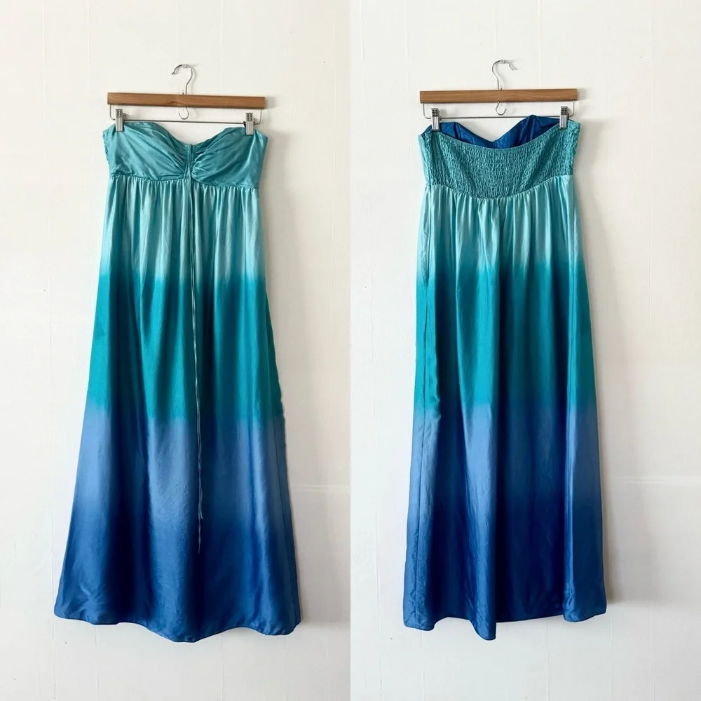 Betsey Johnson Ombré Blue Silk Strapless Mermaid Halter Maxi Dress - Picture 2 of 7